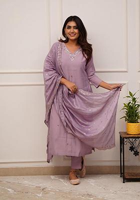 Onion Pink Embroidered Chanderi Viscose Kurta Set