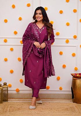 Wine Embroidered Chanderi Viscose Kurta Set