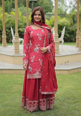 Pink Sequin Thread Embroidered Chinon Kurta Set