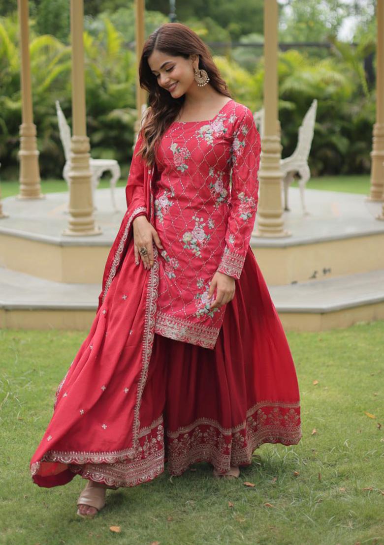 Pink Sequin Thread Embroidered Chinon Kurta Set