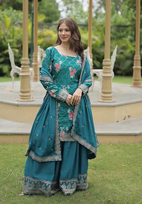 Blue Sequin Thread Embroidered Chinon Kurta Set
