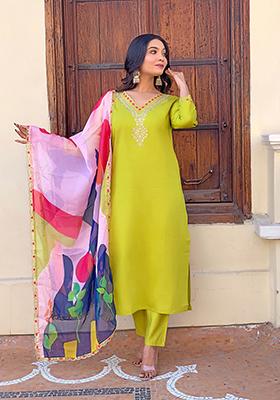Lemon Yellow Printed Rayon Kurta Set