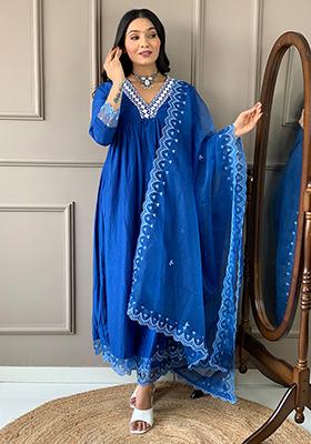 Blue Embroidered Silk Kurta Set