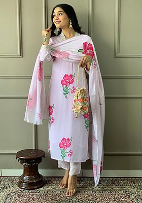 Lavender Embroidered Crepe Kurta Set