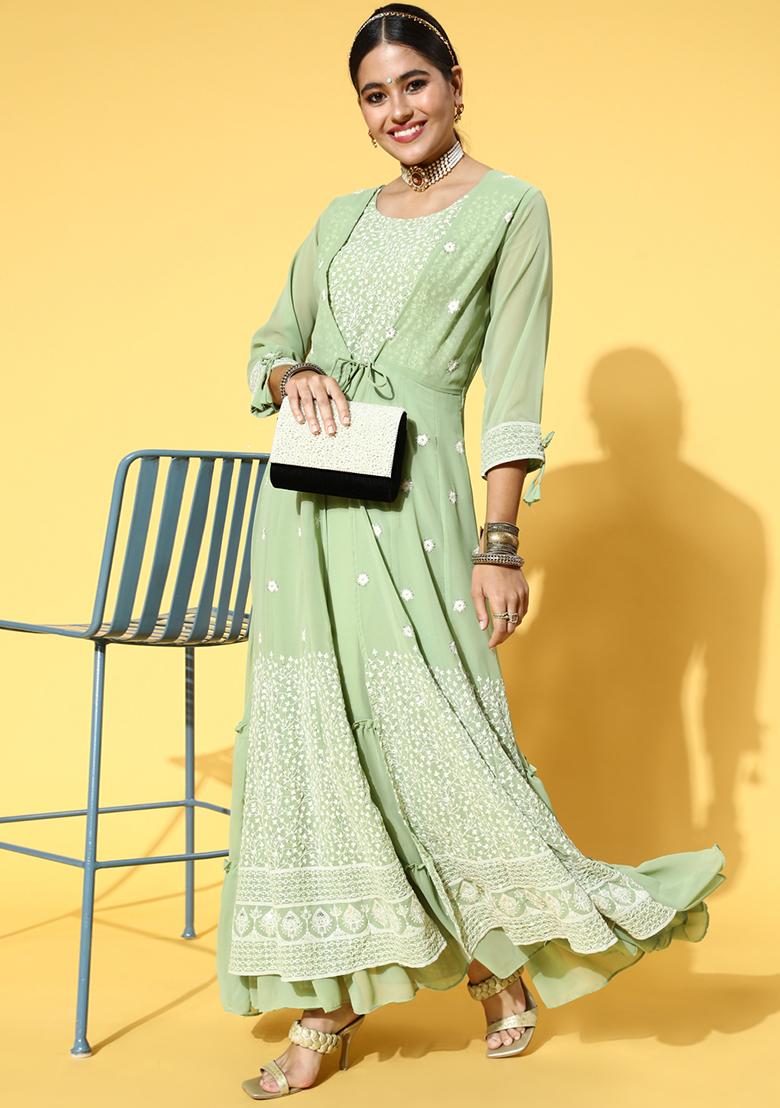 Olive Green Sequin Embroidered Georgette Gown