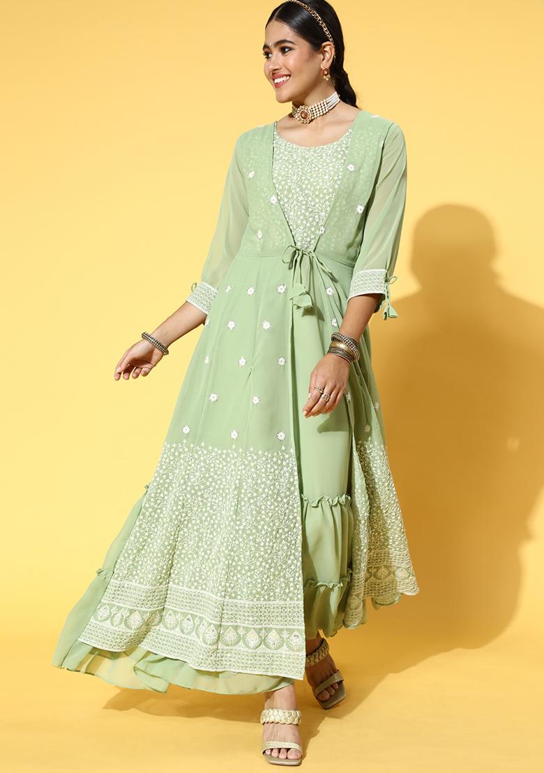 Olive Green Sequin Embroidered Georgette Gown