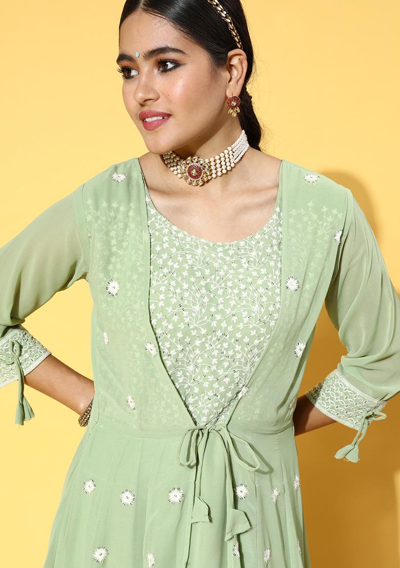 Olive Green Sequin Embroidered Georgette Gown