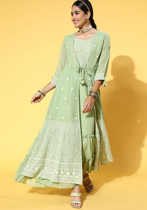 Olive Green Sequin Embroidered Georgette Gown