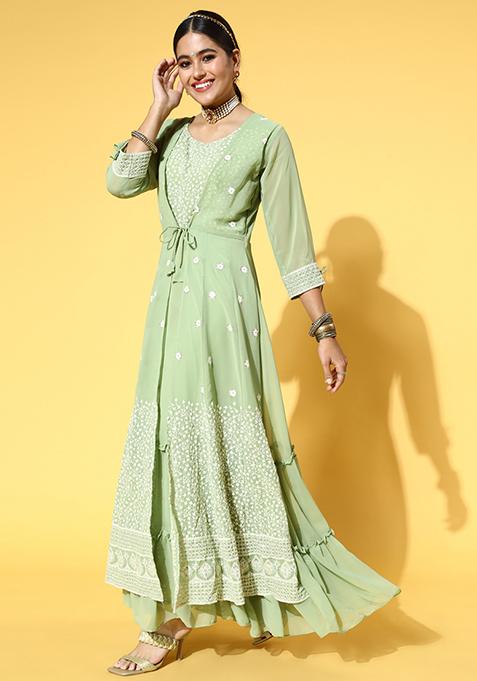Olive Green Sequin Embroidered Georgette Gown