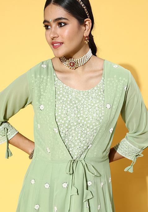 Olive Green Sequin Embroidered Georgette Gown