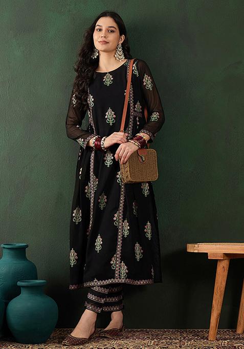 Black Foil Print Georgette Kurta Set