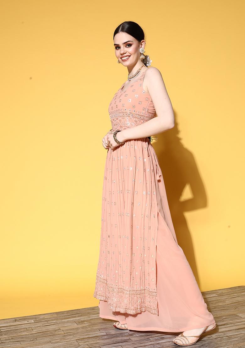 Peach Zari Sequin Embroidered Georgette Kurta Set