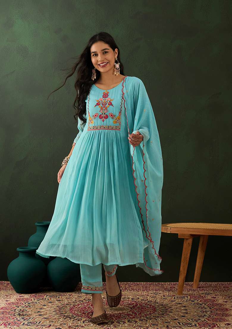 Sky Blue Embroidered Georgette Anarkali Set - Indya