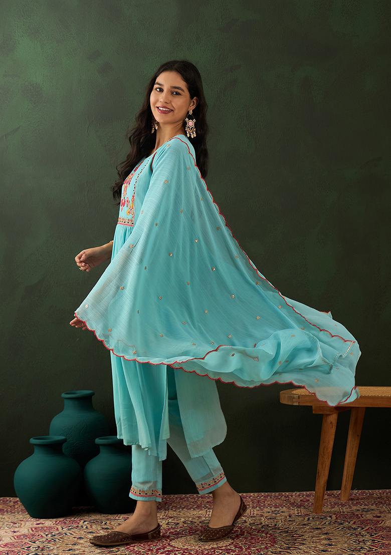Sky Blue Zari Sequin Embroidered Georgette Kurta Set