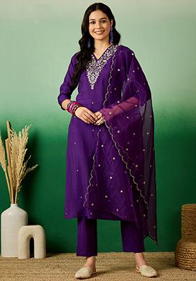 Purple Zari Sequin Embroidered Silk Blend Kurta Set