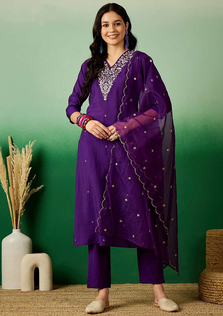 Purple Embroidered Silk Blend Straight Kurta Set - Indya