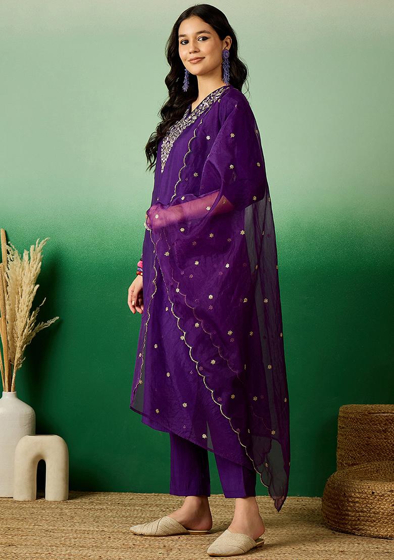 Purple Zari Sequin Embroidered Silk Blend Kurta Set