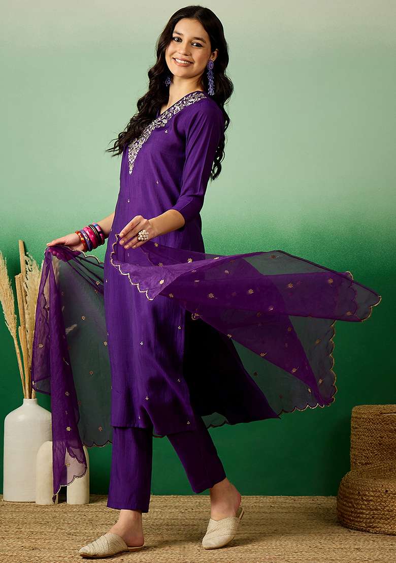 Purple Embroidered Silk Blend Straight Kurta Set - Indya