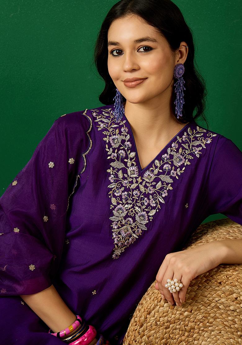 Riva Purple Color Velvet Zari Embroidered Real Mirror Work Kurti Palazzo Set main image 0