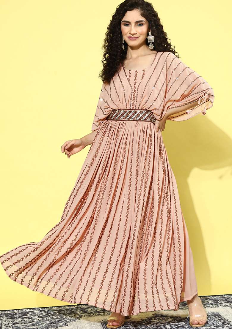 Peach Printed Georgette Gown - Indya