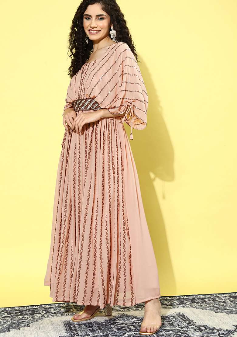 Peach Printed Georgette Gown - Indya