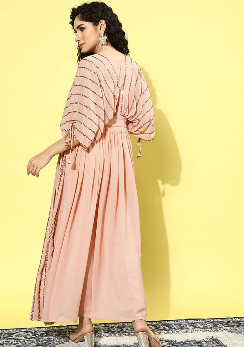 Peach Printed Georgette Gown - Indya