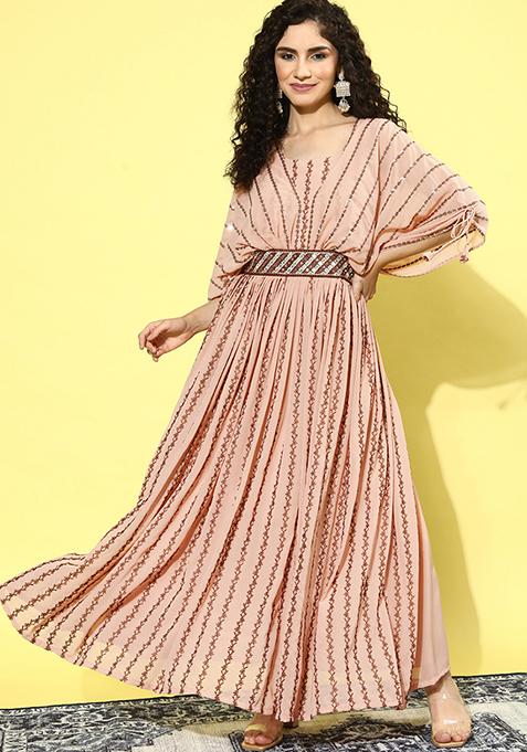 Peach Sequin Embroidered Georgette Dress