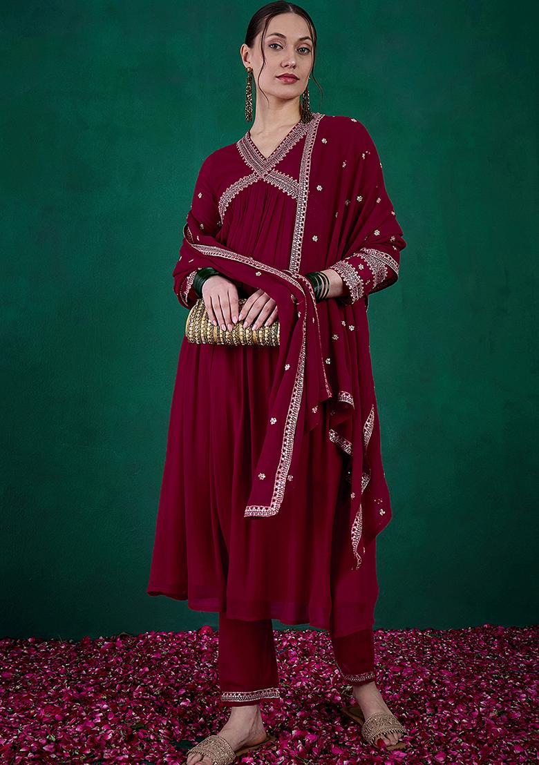 Burgundy Zari Sequin Embroidered Georgette Kurta Set