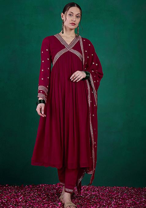 Burgundy Zari Sequin Embroidered Georgette Kurta Set