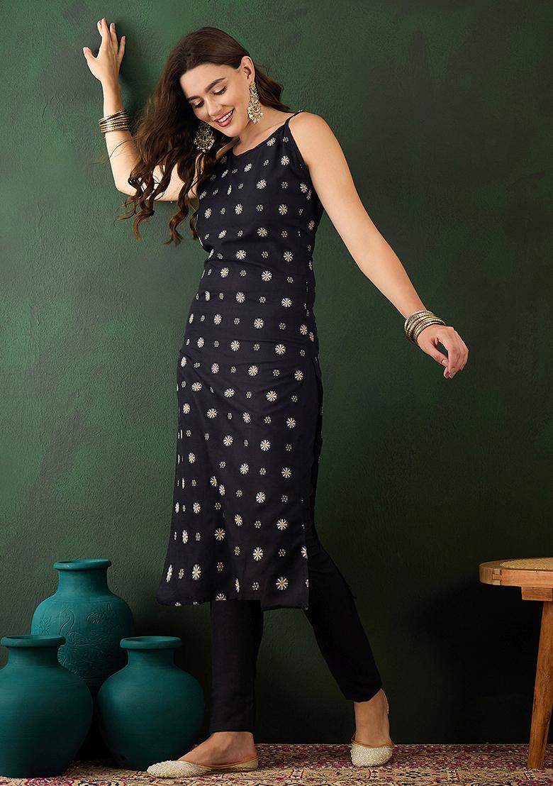 Black Khari Print Silk Blend Kurta Set