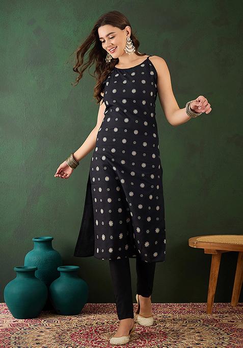 Black Khari Print Silk Blend Kurta Set