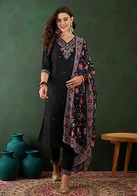 Black Mirror Sequin Embroidered Silk Blend Kurta Set
