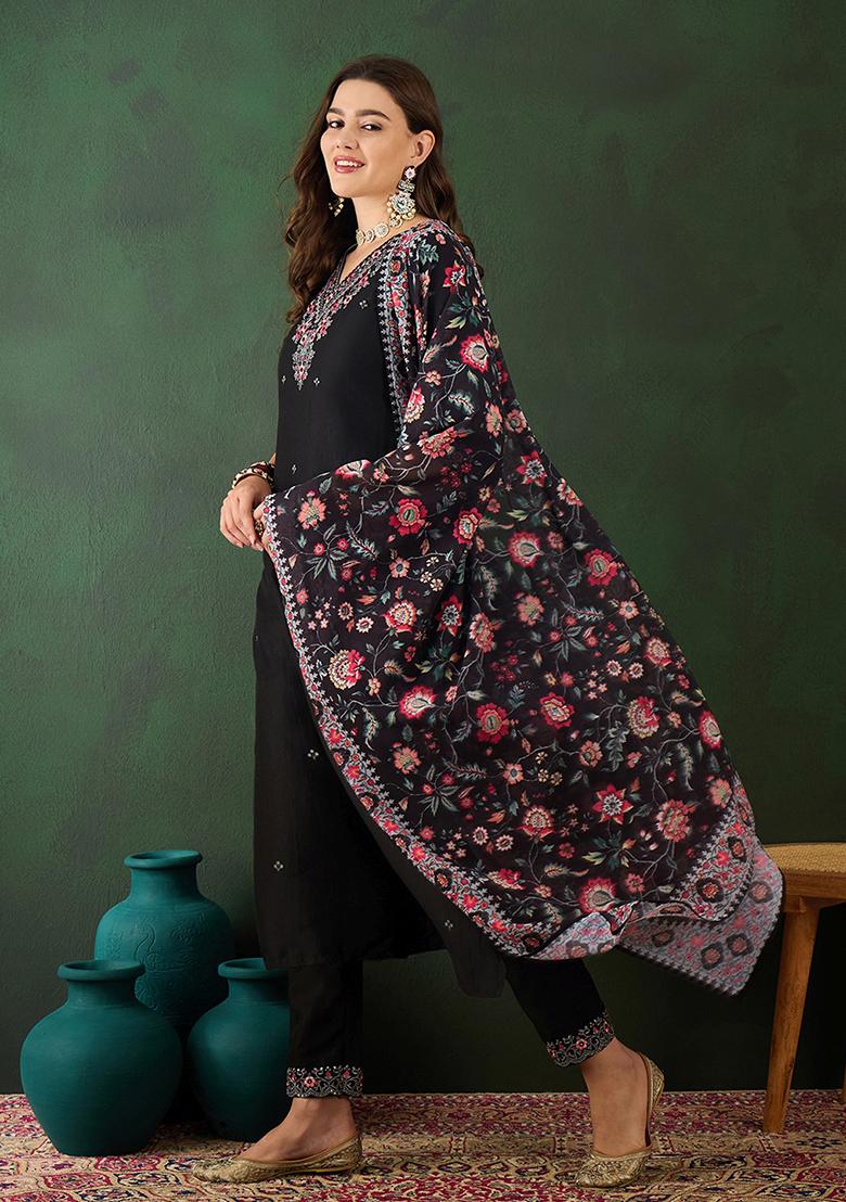 Black Mirror Sequin Embroidered Silk Blend Kurta Set