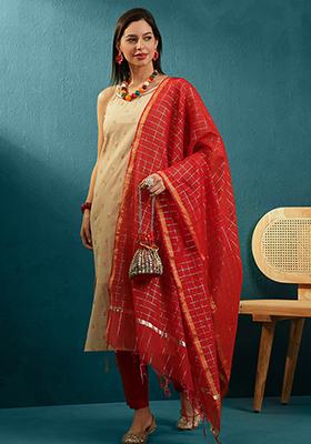 Beige And Red Woven Chanderi Cotton Kurta Set