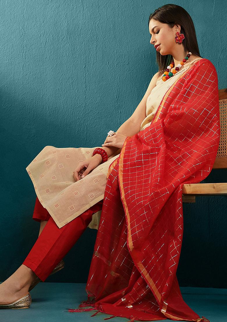 Beige And Red Woven Chanderi Cotton Kurta Set