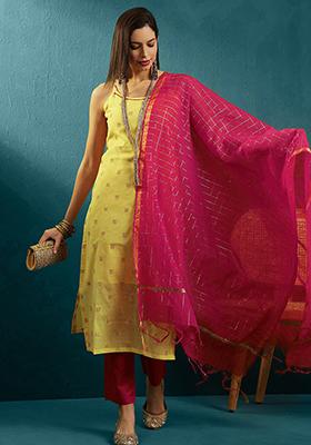 Yellow And Red Woven Chanderi Cotton Kurta Set