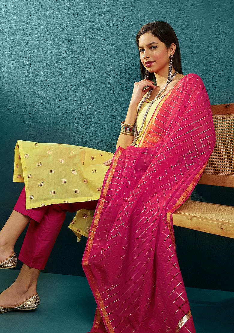 Yellow And Red Woven Chanderi Cotton Kurta Set