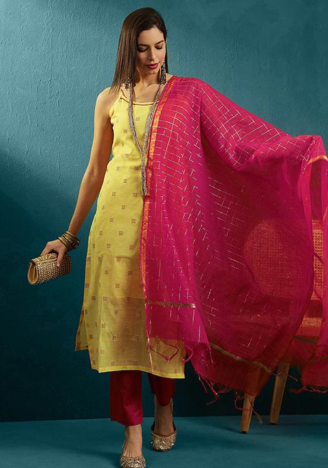 Yellow And Red Woven Chanderi Cotton Kurta Set