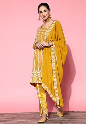 Mustard Sequin Chikankari Embroidered Georgette Kurta Set