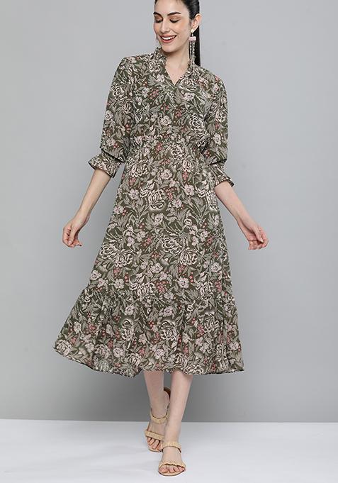 Olive Green Floral print Georgette Dress