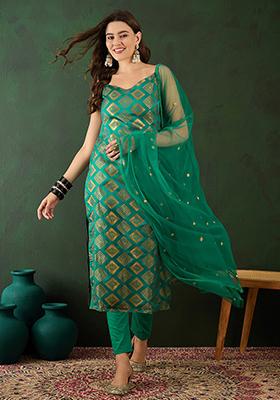Green Woven Silk Blend Kurta Set