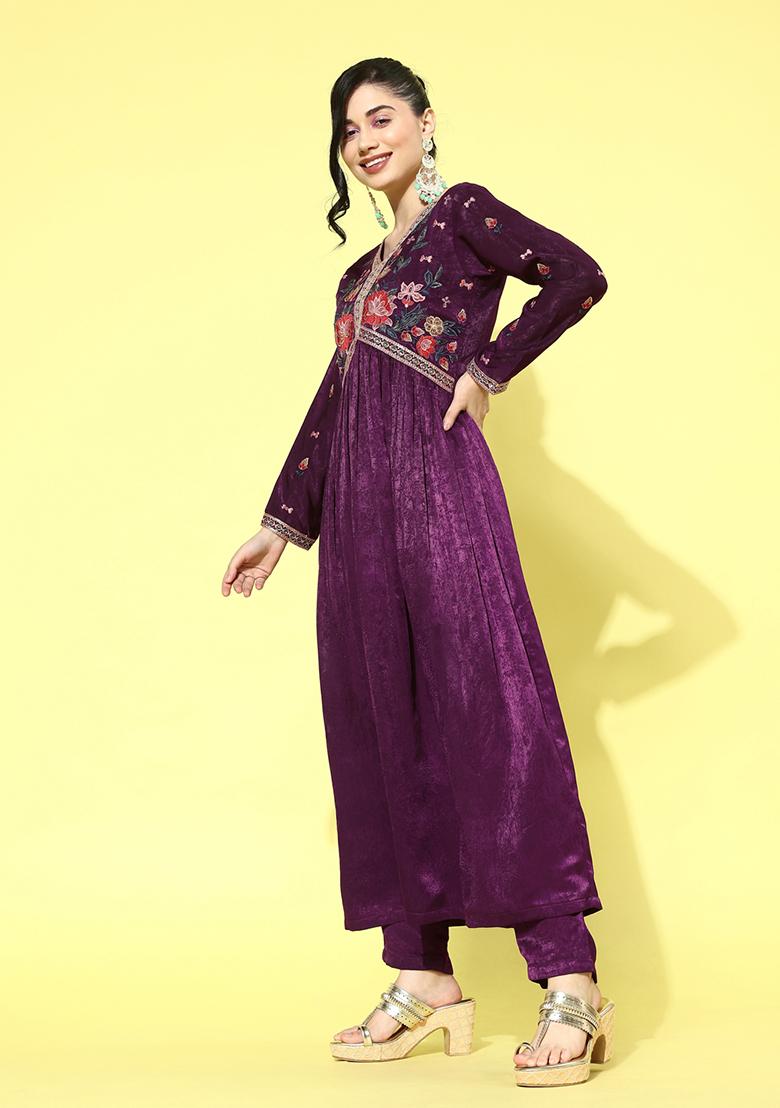 Wine Zari Sequin Embroidered Velvet Kurta Set