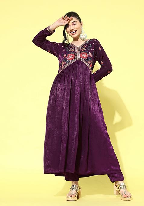 Wine Zari Sequin Embroidered Velvet Kurta Set