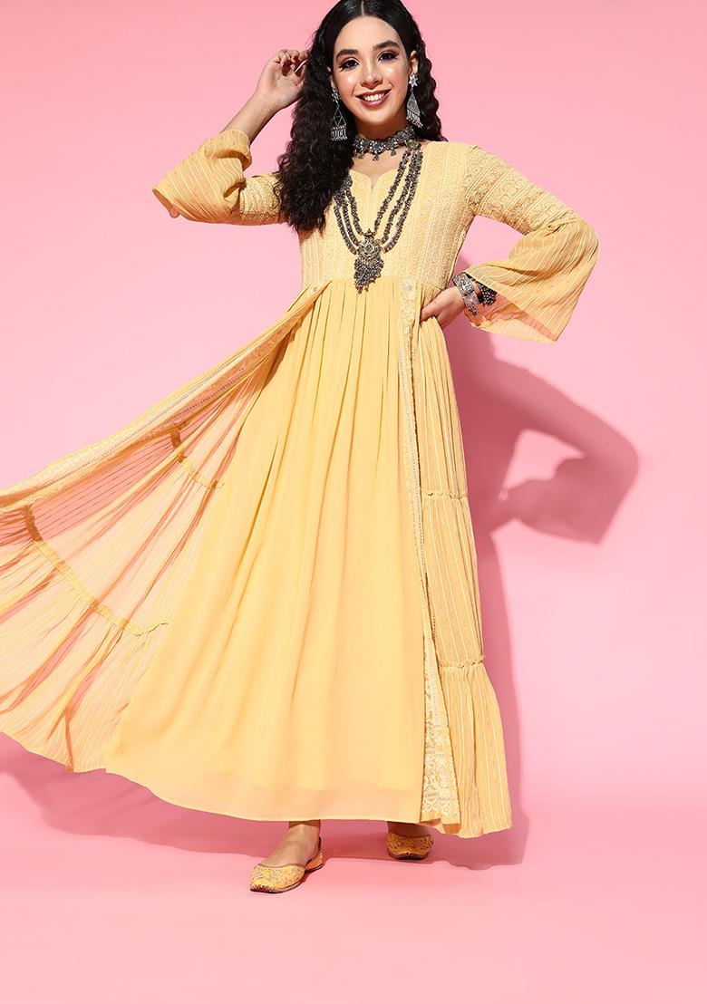 Yellow Zari Sequin Embroidered Georgette Gown