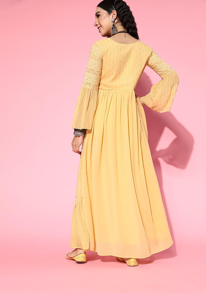 Yellow Zari Sequin Embroidered Georgette Gown