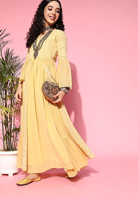 Yellow Zari Sequin Embroidered Georgette Gown