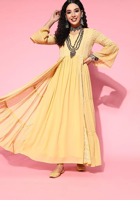 Yellow Zari Sequin Embroidered Georgette Gown