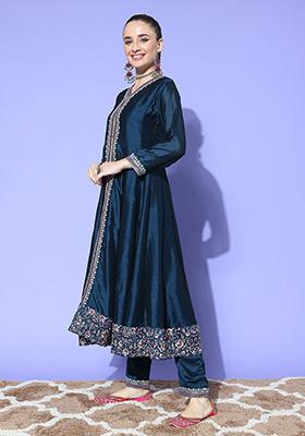 Teal Zari Sequin Embroidered Silk Blend Kurta Set