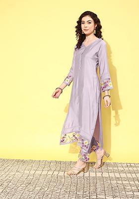 Lavender Embroidered Schiffli Lace Silk Blend Kurta Set