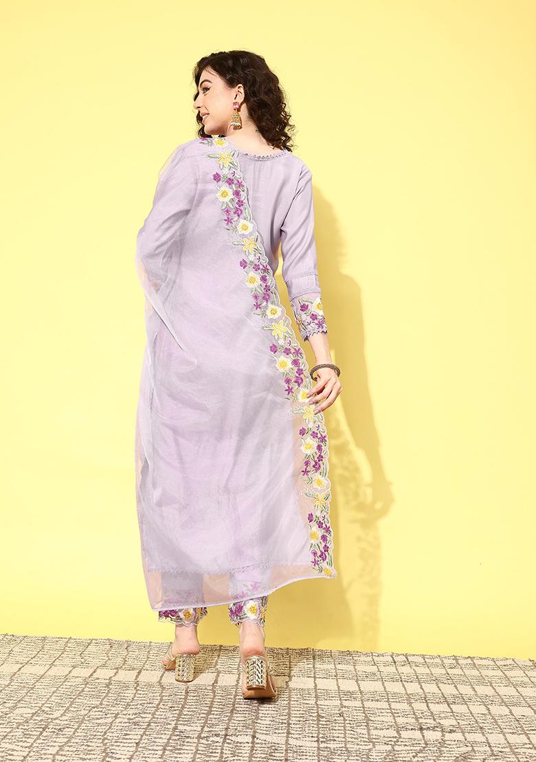 Lavender Embroidered Schiffli Lace Silk Blend Kurta Set